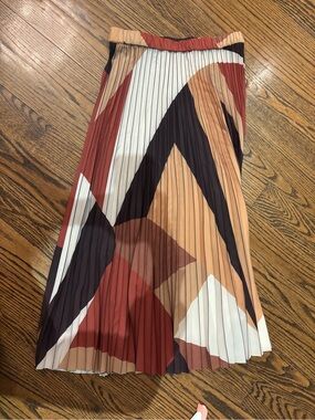 BA&SH Pleated Geometric Midi Skirt in Rust & Tan